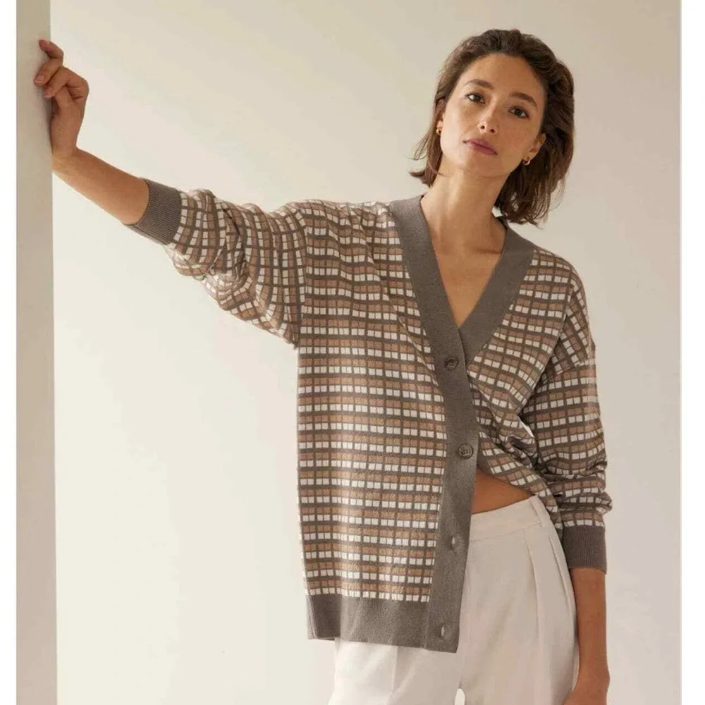 Aritzia Babaton Lacer Merino Wool Cardigan Sweater Brown White Checkered Small - Picture 1 of 17